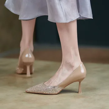 2022 Sonbahar Yeni Sivri Burun Sığ Ağız Yüksek Topuklu 7cm kadın İnce Stiletto Yüksek Topuklu Bling Rahat düğün Ayakkabı 0