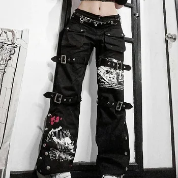 E-kız Gotik Siyah Kargo pantolon Capri Kadınlar Düşük Bel Kot Uzun Pantolon Y2K Grunge Vintage Hip Hop Punk Harajuku Streetwear