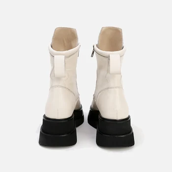 MUMANI kadın yarım çizmeler Beyaz Hakiki Deri Çapraz bağlı Yuvarlak Ayak Fermuar Platformu Motosiklet Ayakkabı Zarif El Yapımı Ayakkabı 0