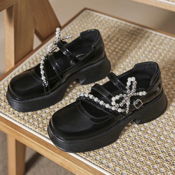 Kadın Pompaları Mary Janes Orta Topuklu Bayanlar 2022 Moda Kauçuk Platformu kadın ayakkabısı Lolita Tasarımcı Lüks Rhinestones Loafer'lar 1