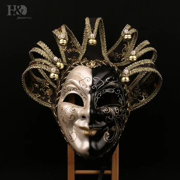 H & D New Orleans Mardi Gras Siyah Beyaz Çan Maskesi Jester Kostüm Geçit Töreni Karnaval Topu (Siyah) 2