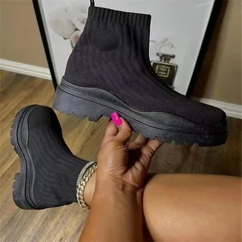 2022 Sonbahar Kış Yeni Çift Çorap Ayakkabı Kadın Kalın tabanlı Rahat Büyük Boy Net Kırmızı Örme kısa çizmeler botas De Mujer 2
