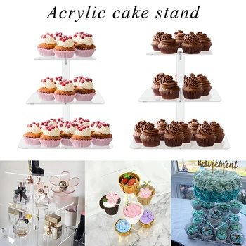 3 Katmanlı Kare Akrilik Cupcake Standı Şeffaf Kek sergileme rafı Çıkarılabilir Montaj Düğün Doğum Günü Partisi Deco Tatlı Tutucu 3