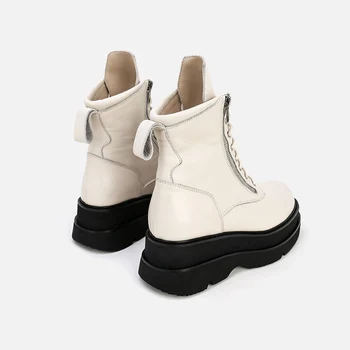 MUMANI kadın yarım çizmeler Beyaz Hakiki Deri Çapraz bağlı Yuvarlak Ayak Fermuar Platformu Motosiklet Ayakkabı Zarif El Yapımı Ayakkabı 3